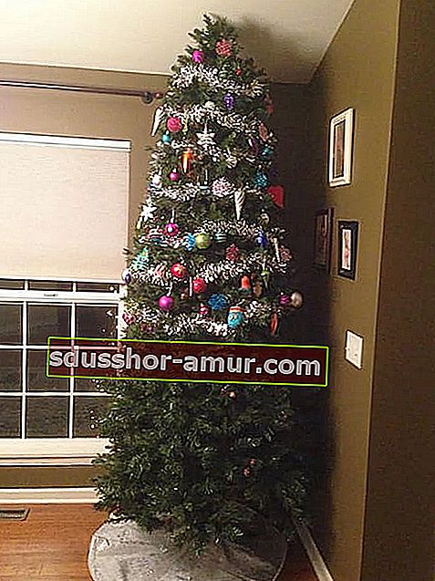 Božično drevo, ki je na pol okrašeno, da ga hišni ljubljenček ne poškoduje