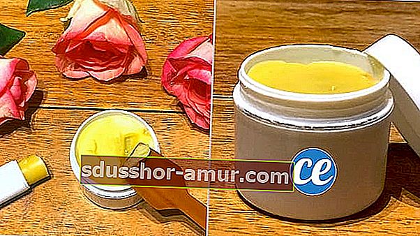 Kozarec domačega balzama za ustnice z medom, čebeljim voskom in karitejevim maslom