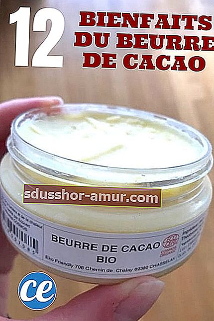 staklenka bijelog organskog kakao maslaca koji se drži u ruci s tekstom: 12 Blagodati MASLA KAKAOA