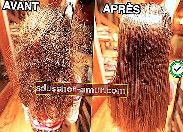 Момиче със заплетена коса преди и разплетена след това благодарение на домашен детанлер