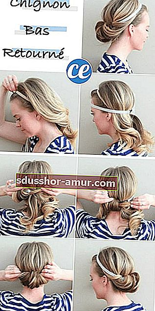 Урок за правене на нисък кок, обърнат върху себе си на средно дълга коса с млада руса жена