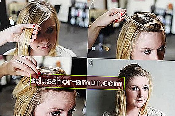 Урок в 4 картинках, на котором изображена молодая блондинка, делающая скрученную челку