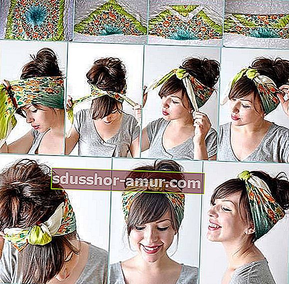 Женщина показывает, как надеть шарф на волосы на 11 фото
