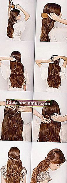 молодая брюнетка показывает, как связать длинные волосы, завязав их сзади