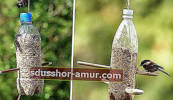 Reciklirane plastične boce u hranilištu za ptice