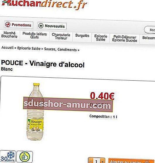 Цена на белый уксус на AuchanDirect.fr 40 евроцентов.