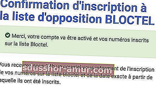 Потвърждение за регистрация на Bloctel срещу нежелани обаждания