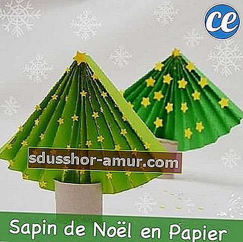 2 božićna drvca izrađena u rolama toaletnog papira obojena u zeleno i ukrašena uzorcima zvijezda