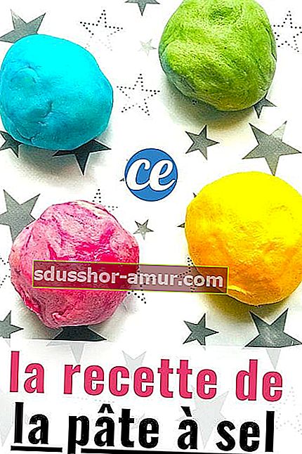 Modre, zelene, roza in rumene kroglice iz slanega testa z besedilom na njih: recept za slano testo