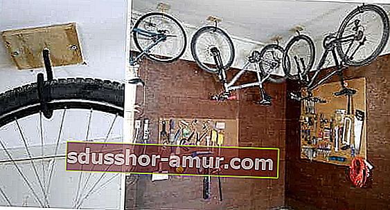 Велосипеды свисают с потолка гаража
