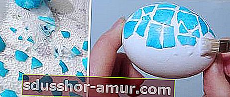 залепете парчета цветни яйчени черупки върху великденското яйце