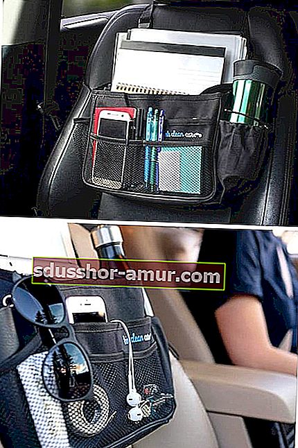 Съхранение на предната седалка за кола с телефон, бутилка с вода и други предмети.