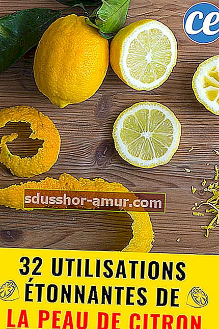 Цял лимон и лимонова кора на дървена дъска с текст: 32 употреби на лимонова кора
