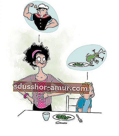 karikatúra, ktorá ukazuje matku, ktorá sa snaží nakŕmiť svoje dieťa špenátom