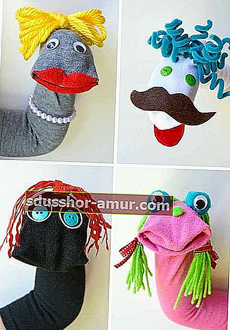 Marionete izdelane z več nogavicami več barv