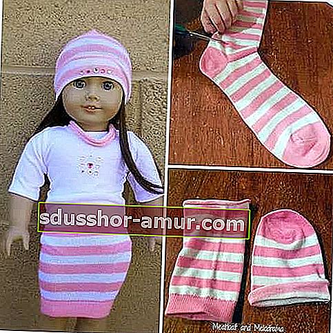 Čarapa u ružičastoj i bijeloj pruzi transformirana u suknju za lutke