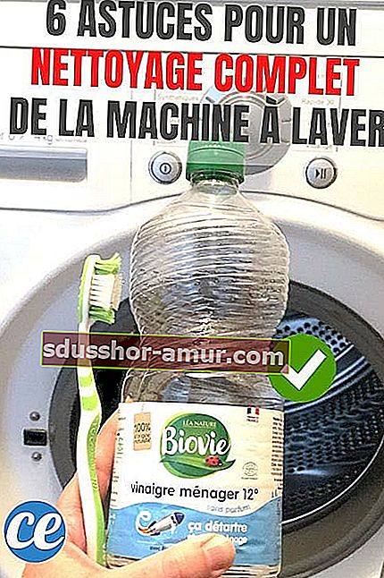 Белый уксус и зубная щетка перед стиральной машиной для тщательной очистки