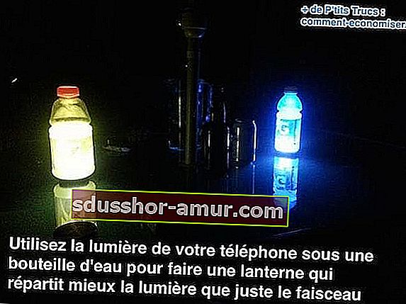 Използвайте лампата на телефона под бутилка с вода, за да направите фенер