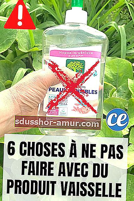 Течност за миене на съдове пред зелени растения с текст: 6 неща, които не трябва да се правят със сапун за съдове