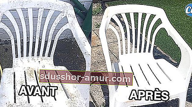 Solda beyaz plastik bir sandalye ve temizlikten sonra temiz bir sandalye