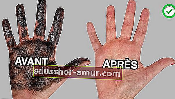 Mâna foarte murdară pe stânga plină de grăsime și mâna curată pe dreapta