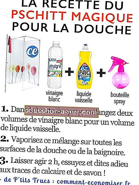 Лесната рецепта за почистване на душ и вана: бял оцет + течност за миене на съдове + бутилка спрей.