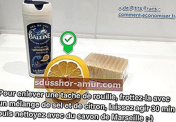 за премахване на петно ​​от ръжда използвайте сол, лимон и сапун от Марсилия