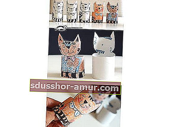 поредица от котки, направени с ролки от тоалетна хартия