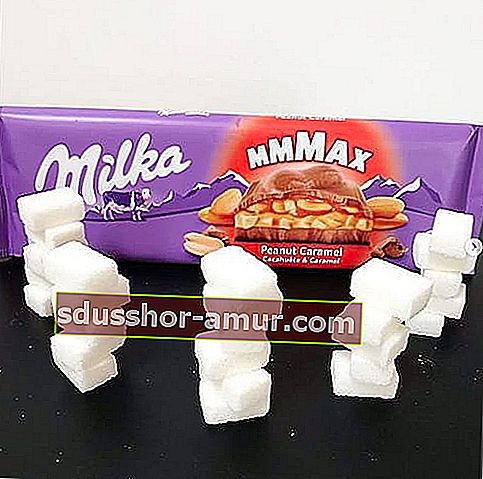 Шоколадово блокче Milka и еквивалентът му в захар