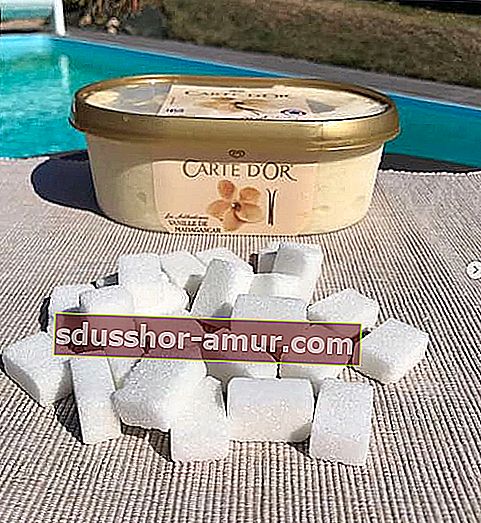 Vanilijev sladoled Carte d'or in njegov ekvivalent v sladkorju