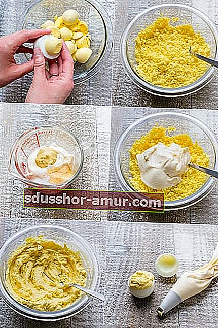 описание на стъпките за премахване на яйчния жълтък, смесете го с майонезата и напълнете бялото на твърдо сварените яйца