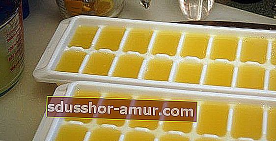 Лимон в лотках для льда для хранения в морозильной камере