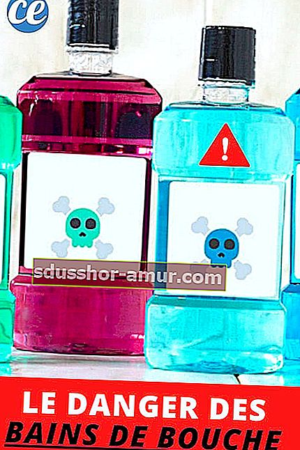 Различни бутилки със сини, розови, зелени води за уста, които са опасни за здравето
