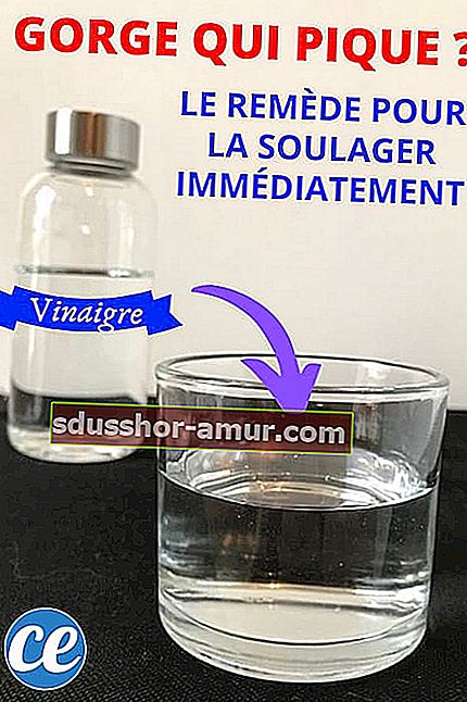 Чаша оцетна вода с бутилка бял оцет за успокояване на болки в гърлото